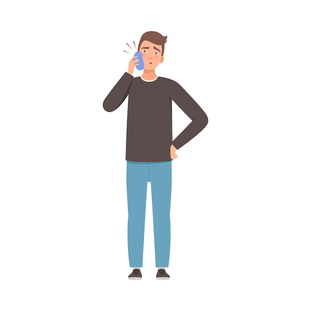 Vector brunette man holds a cold on a sore cheek vector illustration