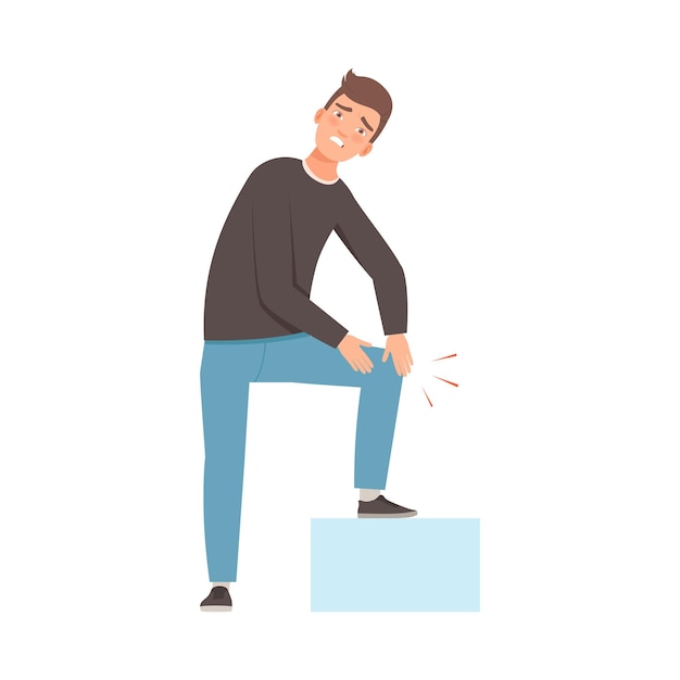 Brunette man holds on to a sore knee Vector illustration