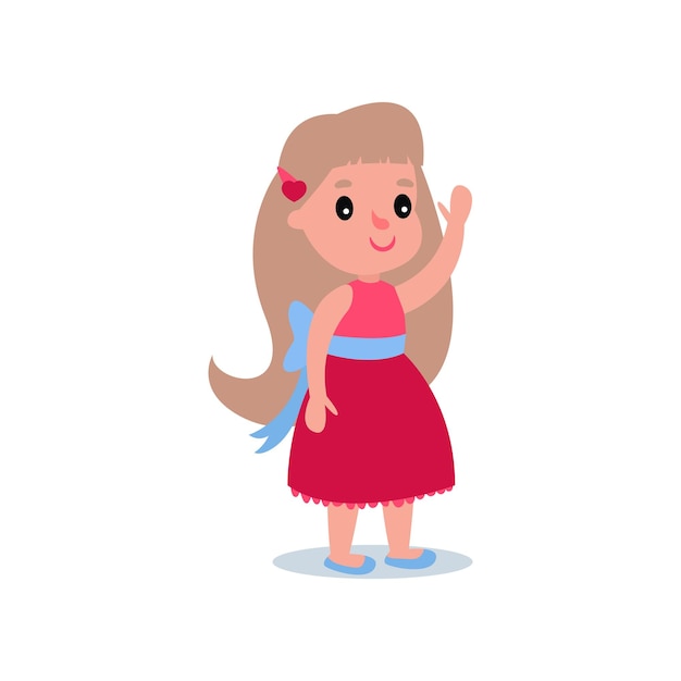 Brunette meisje in mooie gezwollen jurk met blauwe strik en rode pin in haar Glimlachend kind karakter permanent en met de hand zwaaien Kleding voor kinderen partij geïsoleerde platte ontwerp vectorillustratie