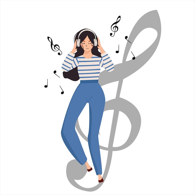 Vector brunette meisje luistert naar muziek met een koptelefoon. muzikale sleutel en notities. het meisje houdt van het geluid.