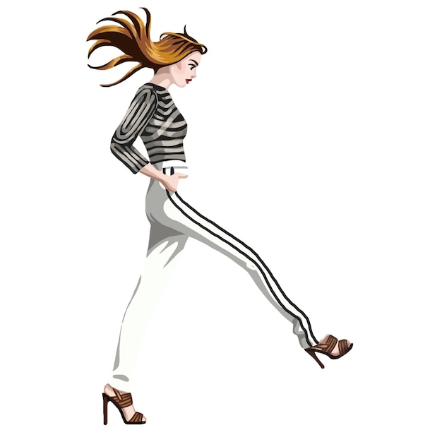 Modella bruna che cammina con i tacchi