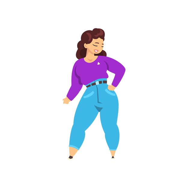 Brunette plump curvy overweight girl plus size model in fashionable clothes body positive vector