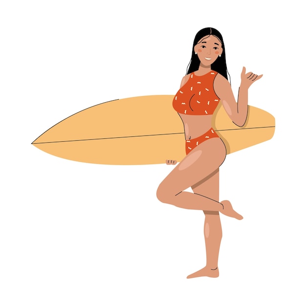 A brunette in a swimsuit holds a surfboard