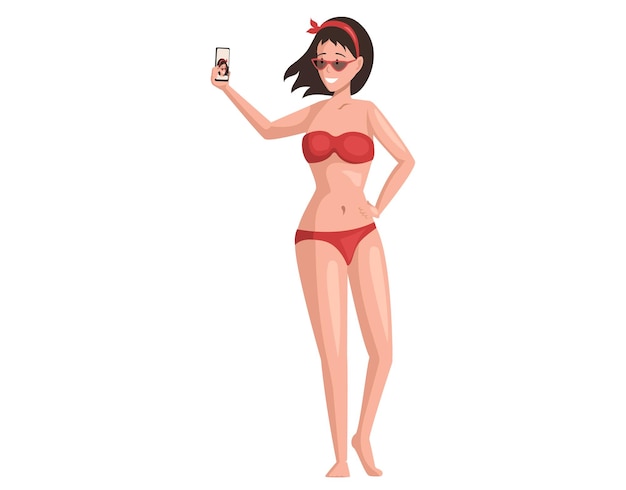 Brunette woman dressed in red swimsuit standing and making selfie girl in bikini with smartphone on beach lady posing and taking self photo in summer summer holiday vacation weekend recreation