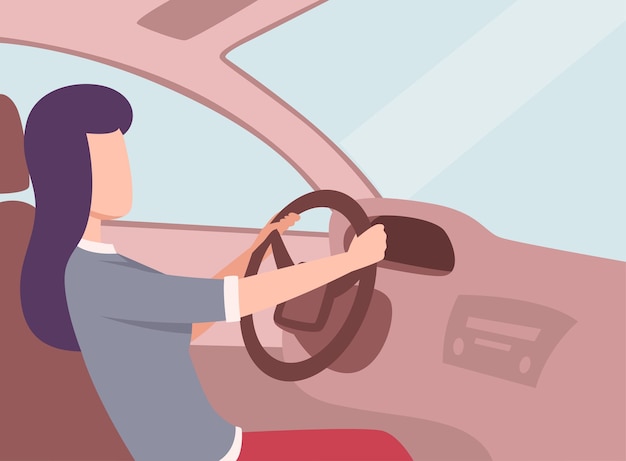 Brunette Woman Driving a Car Side View from the Inside Female Driver Character Holding Hands on a Steering Wheel Vector Illustration