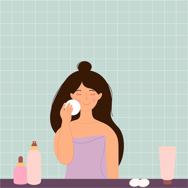 A brunette woman is washing her face with cosmetics in the bathroom