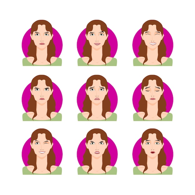 Vector brunette woman set vector illustration. brown haired girl female young in cartoon style, portraits, faces with different face expressions, emotions. easy to modify. character collection design.