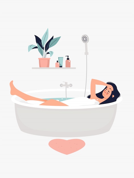  brunette woman taking a bath by a potted plant on the shelf.