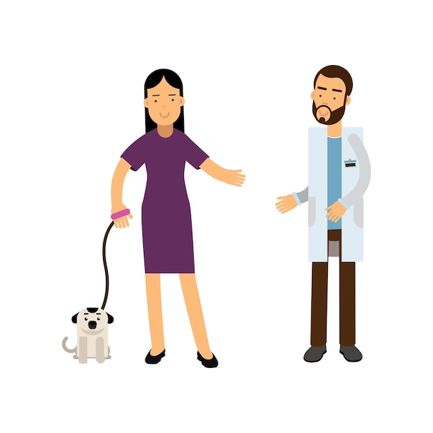彼女のペットの犬と一緒に獣医クリニックを訪れるブルネットの女性カラフルな漫画のベクトル図は白い背景で隔離