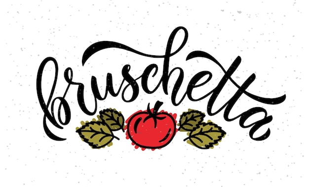 Bruschetta typografie poster. Tekst Bruschetta op gestructureerde achtergrond voor menu, restaurant, keuken, briefkaart, kaart, spandoek, poster. Bruschetta vector typografie. Vector illustratie EPS 10