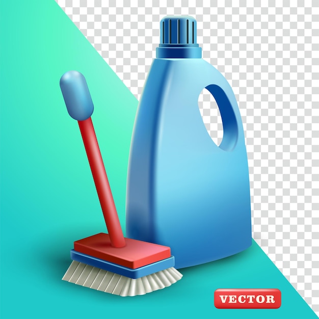 Шчатка и бутылка жидкости для чистки пола 3D вектор Подходит для элементов гигиены и дизайна