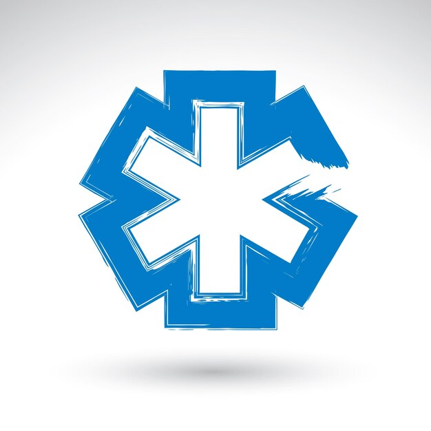 Vector brush drawing simple blue ambulance symbol, medicine icon, created with real hand drawn ink brush scanned and vectorized.