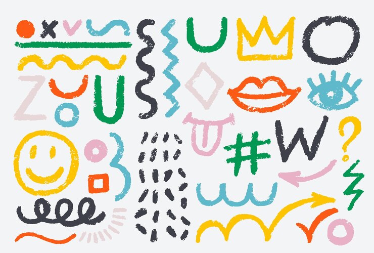 Vector brush drawn various abstract shapes thick lines set curved geometric thick brush squares dots