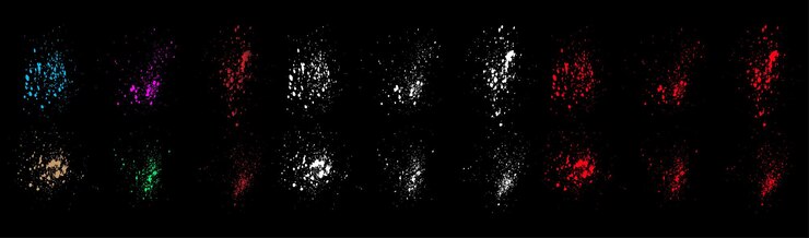 Vector brush strokes and blue white green yellow red color bloody splatter blob blood background set