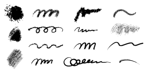 Vettore set di texture del pennello shader nero e pennellate linee astratte disegnate a mano vettore isolato