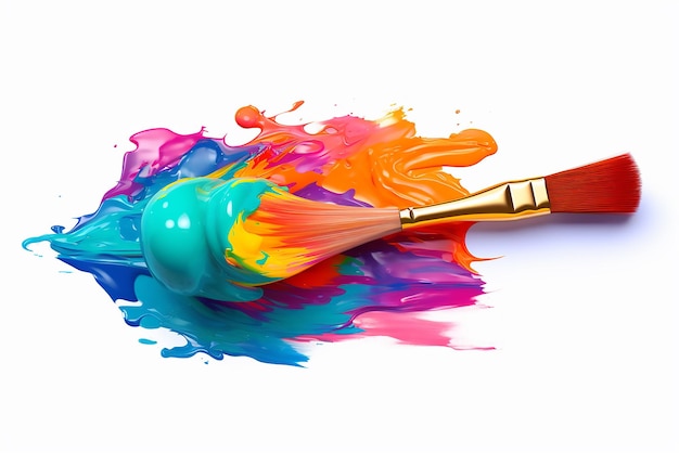 A brush with paint and brushstrokes of different colors in a white background