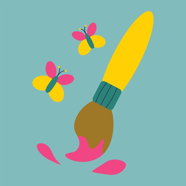 Vettore pennello con vernice e farfalle illustrazione vettoriale a colori