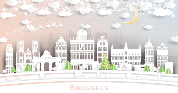 Brussels Belgium City Skyline in Paper Cut Style with Snowflakes Moon and Neon Garland Vector Illustration Christmas and New Year Concept Santa Claus on Sleigh