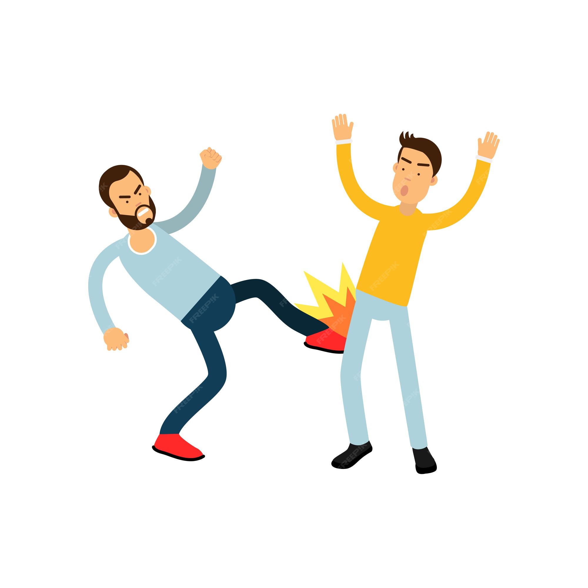 Premium Vector | Brutal bearded man in blue sweater beats another guy in leg. aggressive behavior. street fight concept. cartoon people characters. vector illustration in flat style isolated on white background. Premium Vector | Brutal bearded man in blue sweater beats another guy in leg. aggressive behavior. street fight concept. cartoon people characters. vector illustration in flat style isolated on white background.
