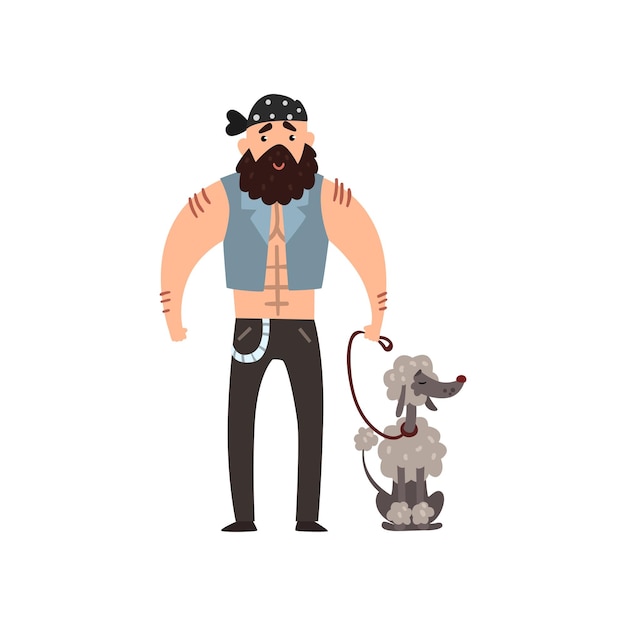 Brutal man walking his poodle pet dog vector Illustration isolated on a white background