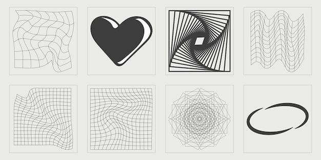 Brutalism shapes Rave psychedelic retro futuristic set Templates for notes posters
