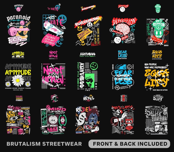 Vector ブルータリズム tシャツデザイン バンドルグラフィティ ストリートウェア tシャツ デザイン アートワーク ベクトルセット