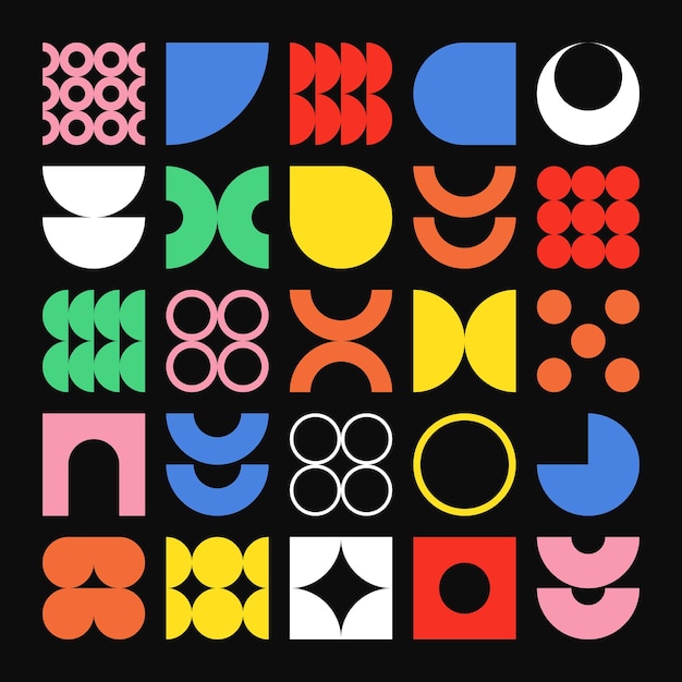 Vector brutalist geometric shapes colorful symbols simple primitive elements and forms bauhaus retro design