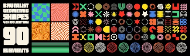 Brutalist geometric shapes modern symbols groovy checkered pattern distorted tiled grid simple
