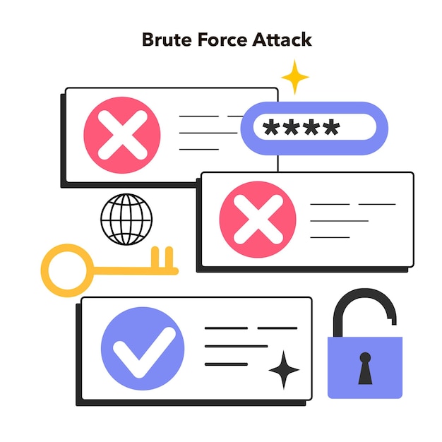 Vector brute force-aanval cyberaanvalmethodologie door veel wachtwoorden of wachtwoordzinnen in te dienen uitputtende sleutelzoekopdracht platte vectorillustratie