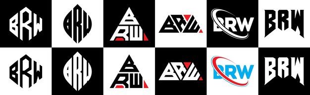 Vector brw letter logo ontwerp in zes stijl brw veelhoek cirkel driehoek zeshoek platte en eenvoudige stijl met zwart-wit kleur variatie letter logo in één artboard brw minimalistisch en klassiek logo