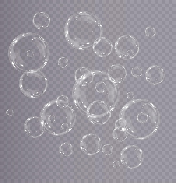 Bubbel png. set van realistische zeepbellen. bubbels bevinden zich op een transparante achtergrond. vector f