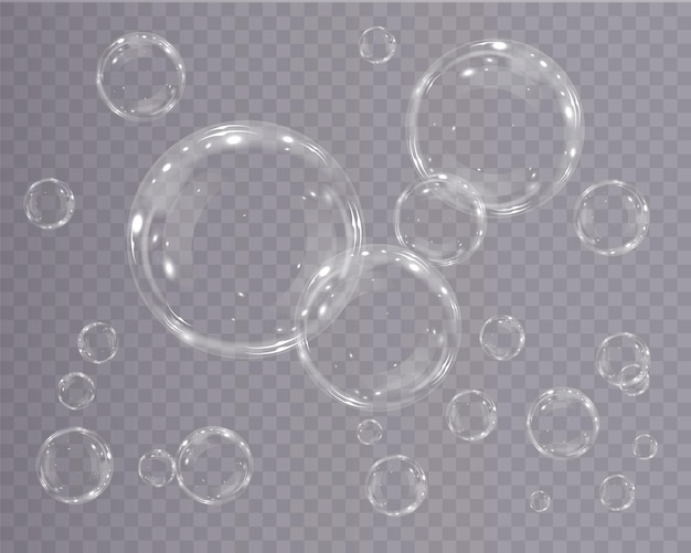 Bubbel png. set van realistische zeepbellen. bubbels bevinden zich op een transparante achtergrond. vector f