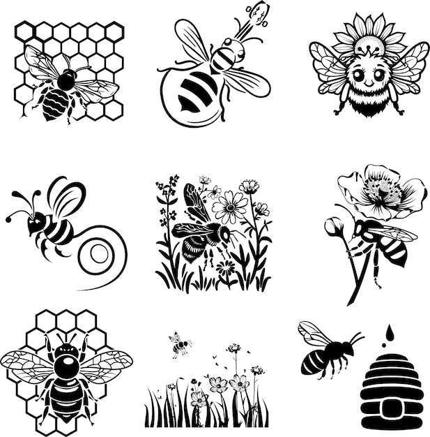 Vector bubble bee with flower black and white silhouette vector illustration