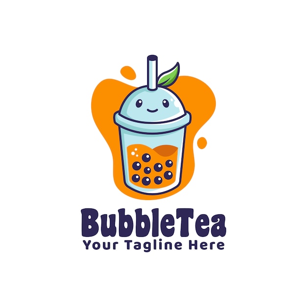 bubble drink tea logo with leaf illustration cartoon character style mascot logo