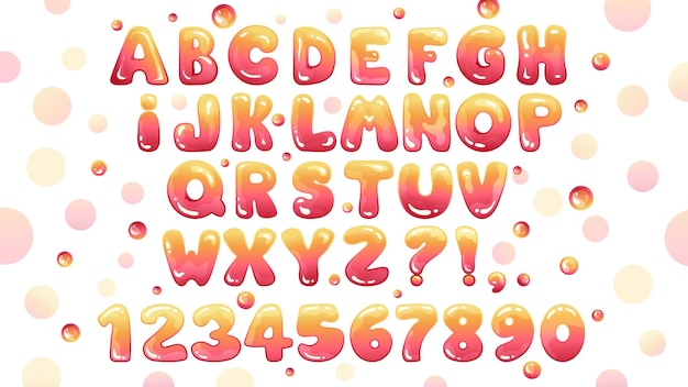 Vector bubble gum font with alphabet letters and numbers vector cartoon decorative illustration for design