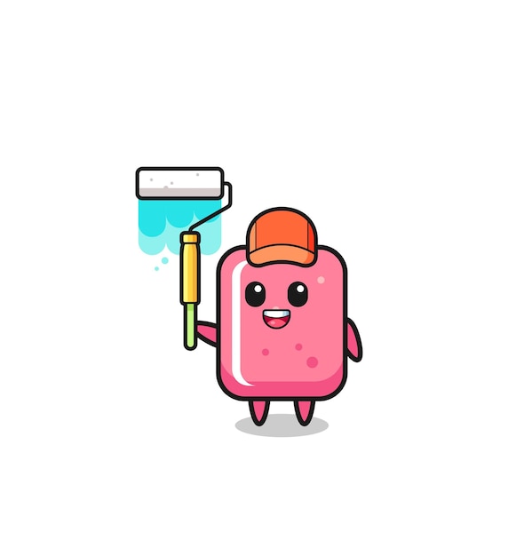 The bubble gum painter mascot with a paint roller , cute design
