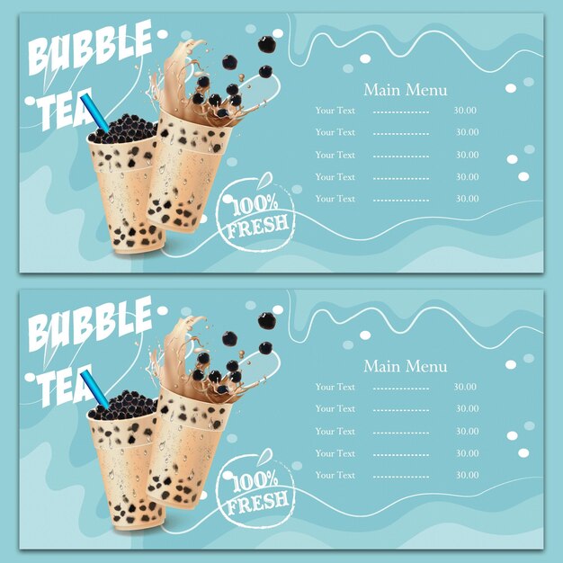 Bubble melk thee menu en poster advertenties met heerlijke tapioca en parel gieten in takeaway