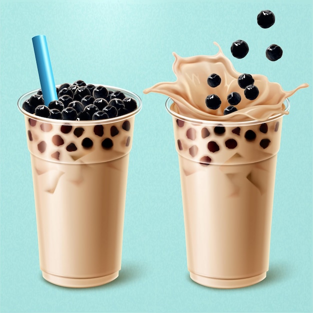 Bubble melkthee advertenties met heerlijke tapioca in 3d illustratied