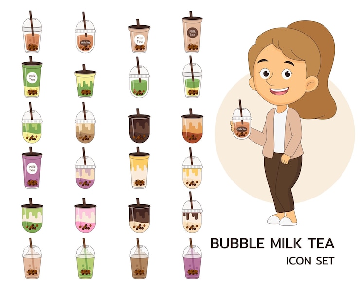 Vector bubble milk tea concept flat icons.