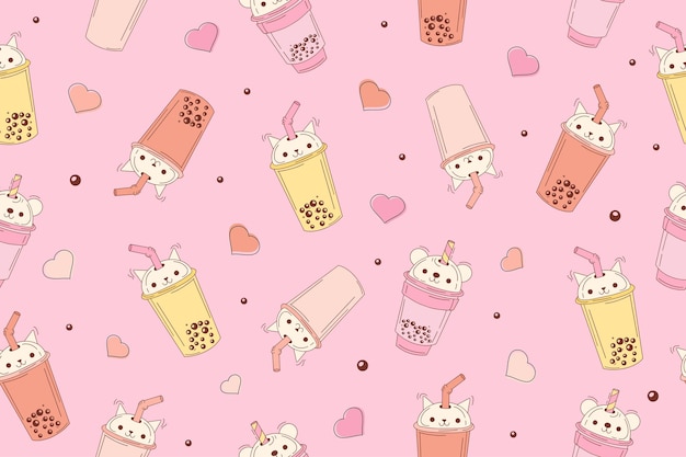 Vector bubble milk tea funny seamless pattern hand drawn kawaii smiled drinks with tapioca pearls cute cartoon vector illustration colorful background with ice tea characters