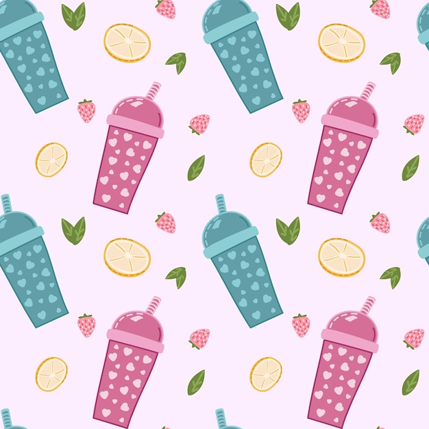 Bubble milk tea funny seamless pattern Hand drawn kawaii smiled drinks with tapioca pearls Cute cartoon vector illustration Colorful background with ice tea characters