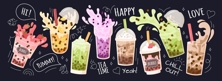 Vector bubble milk tea poster ice coffee cup milkshake drink food dessert chocolate mocha cream and cute smoothie isolated on black background cold summer beverages cartoon vector design