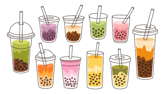 Vector bubble milk tea set milk tea with tapioca pearls boba tea asian taiwanese drink hand drawn