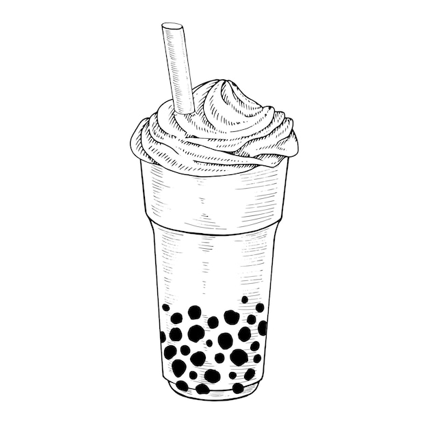 Bubble Milk Tea Vector illustration of drink with boba pearls Hand drawn clipart on isolated background Linear drawing of tapioca cocktail Outline sketch of asian cold beverage Black line art