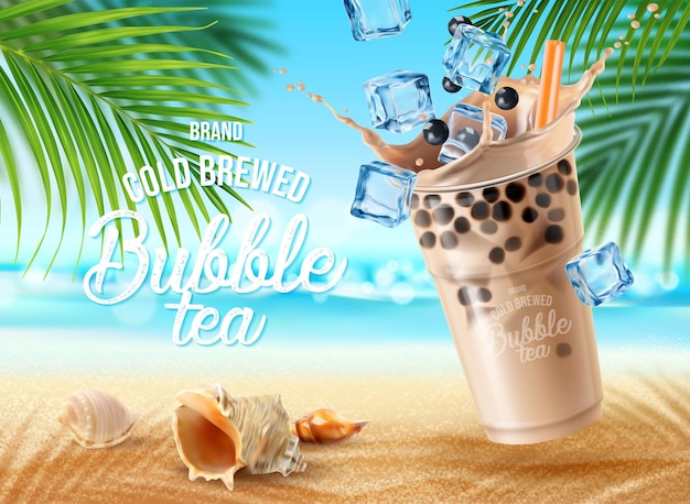 Bolla di tè al latte con cubetti di ghiaccio al caffè e cioccolato sulla spiaggia estiva con foglie di palma 3d tazza di bevanda fredda perla boba o tapioca tè al latte bicchiere bevanda dolce di taiwan realistico vettore