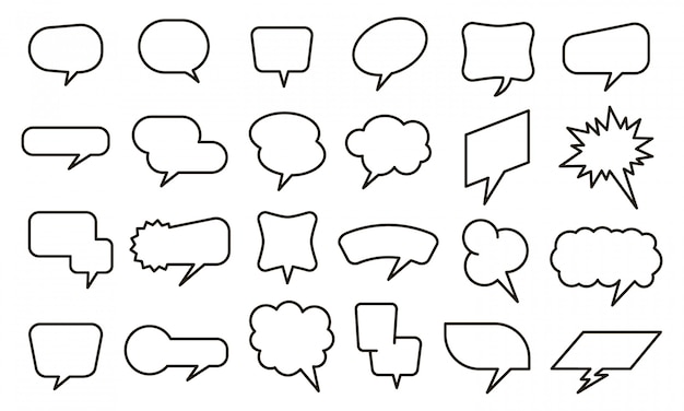 거품 연설 스티커입니다. 빈 생각 풍선 및 텍스트 거품 스티커, 스케치 대화 요소 집합. 흰색 바탕에 채팅 및 만화 아이콘입니다. 대화 구름