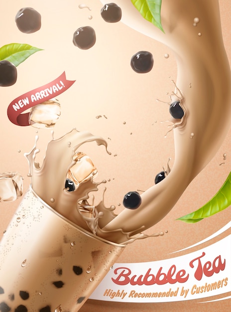 Bubble tea advertenties met spatten melkthee en parel gieten in glazen beker, 3d illustratie