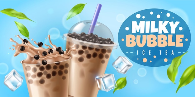 Bubble tea. Asian milk boba tea drink with tapioca pearls, plastic cup with cool beverage milky bubbles splash and closed glass to go sweet liquid dessert with balls, realistic vector horizontal flyer