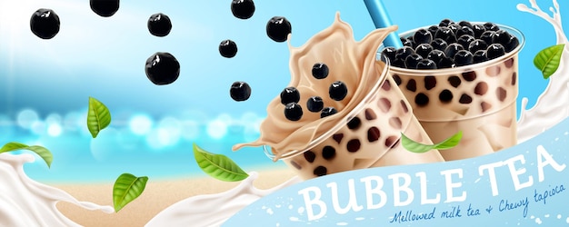 Vector bubble tea banner ads with flying tapioca and milk on glittering ocean background in 3d illustration