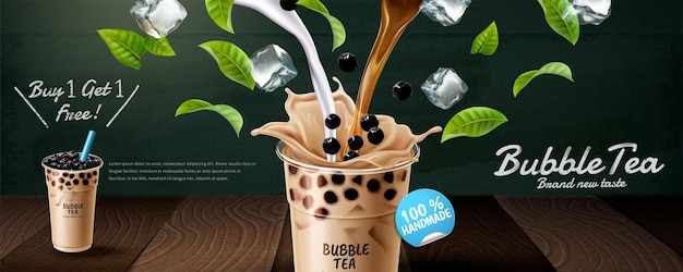 Annunci di banner di bubble tea con versamento di latte e foglie verdi, illustrazione 3d